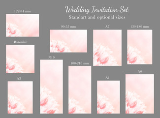 Wedding Invitation set, pink tulips, vertical. Greeting, invite card, elegant clear design template, light blue blur background.