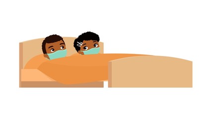 African young couple with medical masks  in bed. Married couple is sick. Sexual relations during respiratory diseases and allergies concept. Colorful vector illustration in flat cartoon style.