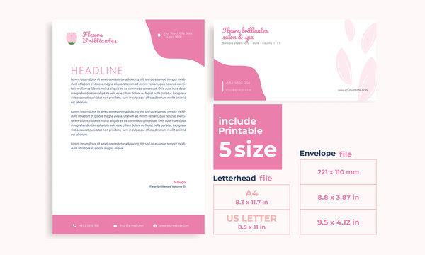 Beauty pink letterhead,Envelope minimalist tulip size DL, A4 and US Letter design template