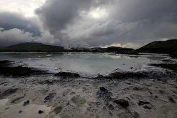 Grindavik / Iceland - August 15, 2017: The geothermal hot water and landscape around blue lagoon, Reykjavik, Iceland, Europe