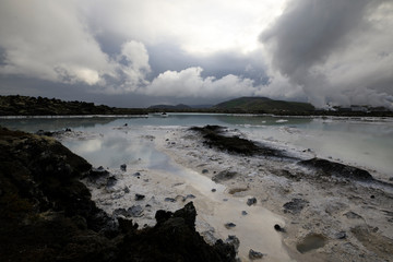 Grindavik / Iceland - August 15, 2017: The geothermal hot water and landscape around blue lagoon, Reykjavik, Iceland, Europe
