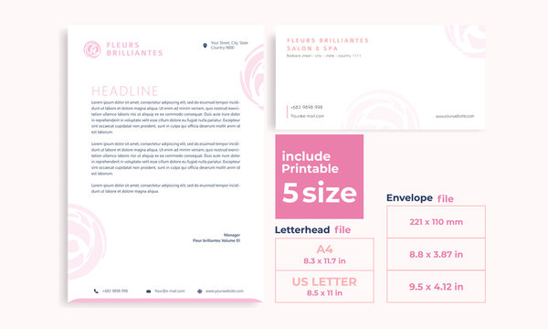 Beauty pink letterhead,Envelope minimalist wild poppy size DL, A4 and US Letter design template