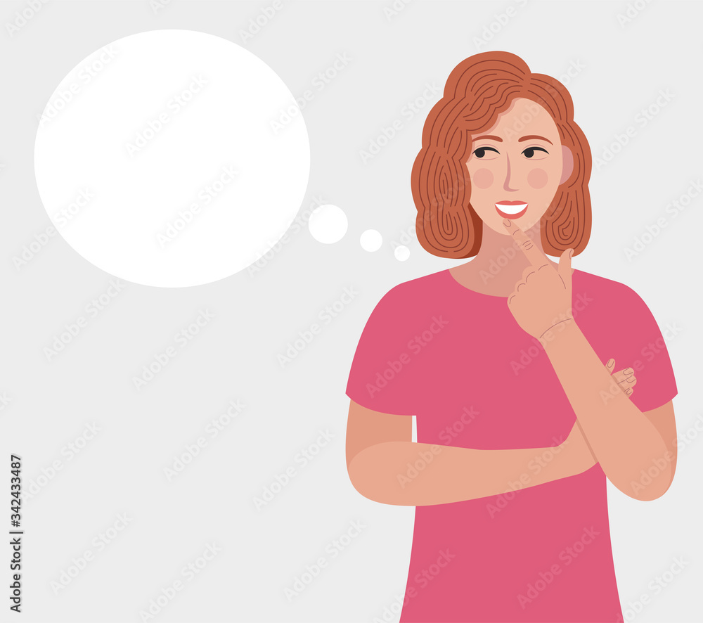 Poster thinking woman looking up on empty or blank thought bubble while touching finger on face and smiling