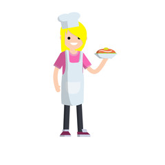 Woman in white apron stands with plate in hand. Delicious dish and cake. Young adult Girl preparing meal in kitchen. Waiter and cook in restaurant and cafe. Cute housewife in kitchen. Flat cartoon