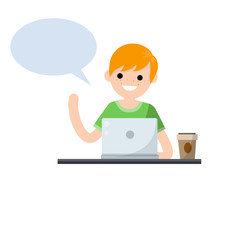 Man with laptop. Smiling happy guy talking. Study and education. Bubble dialogue and advice. Cartoon flat illustration. Student at school. Work at computer and speech
