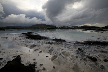 Grindavik / Iceland - August 15, 2017: The geothermal hot water and landscape around blue lagoon, Reykjavik, Iceland, Europe