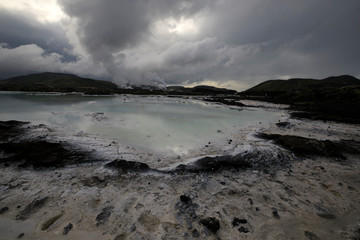 Grindavik / Iceland - August 15, 2017: The geothermal hot water and landscape around blue lagoon, Reykjavik, Iceland, Europe