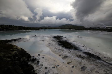 Grindavik / Iceland - August 15, 2017: The geothermal hot water and landscape around blue lagoon, Reykjavik, Iceland, Europe