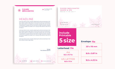 Beauty pink letterhead,Envelope minimalist Bougainvillea size DL, A4 and US Letter design template
