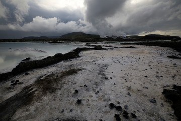 Grindavik / Iceland - August 15, 2017: The geothermal hot water and landscape around blue lagoon, Reykjavik, Iceland, Europe