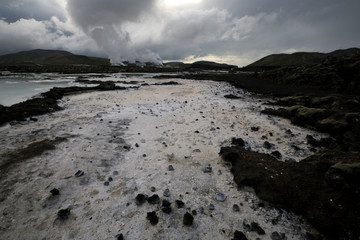 Grindavik / Iceland - August 15, 2017: The geothermal hot water and landscape around blue lagoon, Reykjavik, Iceland, Europe