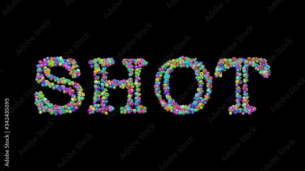 Poster colorful 3d writting of shot text with small objects over a dark background and matching shadow