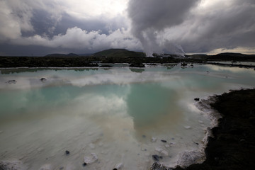 Grindavik / Iceland - August 15, 2017: The geothermal hot water and landscape around blue lagoon, Reykjavik, Iceland, Europe