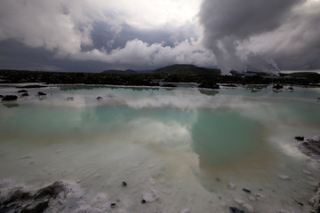 Grindavik / Iceland - August 15, 2017: The geothermal hot water and landscape around blue lagoon, Reykjavik, Iceland, Europe