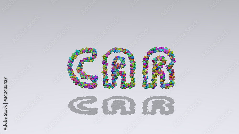 Poster car written in 3d illustration by colorful small objects casting shadow on a white background