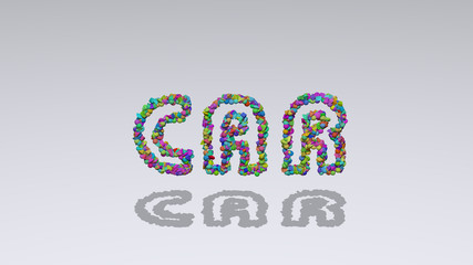 Car written in 3D illustration by colorful small objects casting shadow on a white background