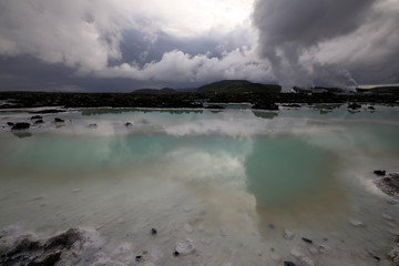 Grindavik / Iceland - August 15, 2017: The geothermal hot water and landscape around blue lagoon, Reykjavik, Iceland, Europe