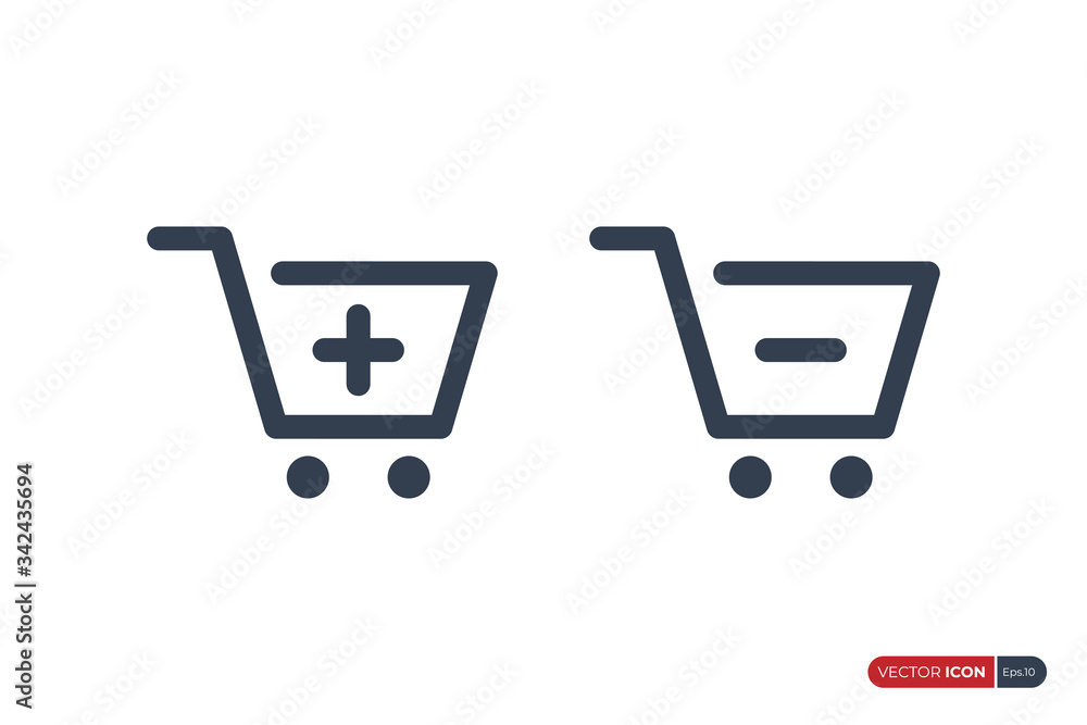 Poster linear style shopping cart icons with plus and minus symbol isolated on white background. vector ill