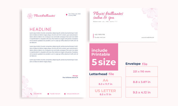 Beauty pink letterhead,Envelope minimalist cute size DL, A4 and US Letter design template