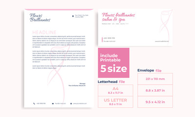 Beauty pink letterhead,Envelope minimalist lily size DL, A4 and US Letter design template
