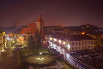 View of the center of Krakow from a height, night cityscape