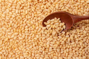 Peeled Pine Nuts. Unshelled kernels. Nuts lie in a wooden spoon.