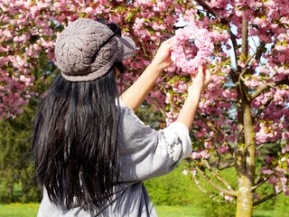 Beautiful asian woman holding a circle made out of a cherry blossoms in front of a tree full of pink flowers on a warm spring day in the city park.