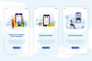 Financial on boarding mobile app illustration concept. Set of financial app intro. Online App Features screen workflow steps. E-Banking concept with flat illustration. Vector
