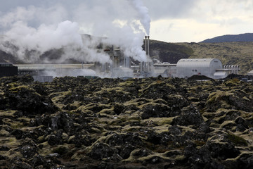 Fototapeta na wymiar Grindavik / Iceland - August 15, 2017: The geothermal power plant near blue lagoon, Reykjavik, Iceland, Europe