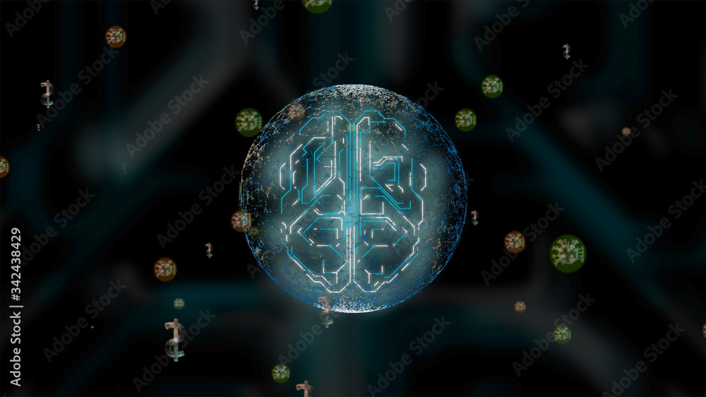 Aufkleber view of a hud human brain inside a transparent bulb attacked with green and red animated viruses in 