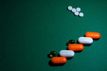 capsules and tablets on a solid green background. Covid-19 treatment and prevention concept. Space for text. Banner