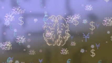 Digital 3d render of a hud-style human brain with dollar, euro and yen icon floating in infected virus environment.