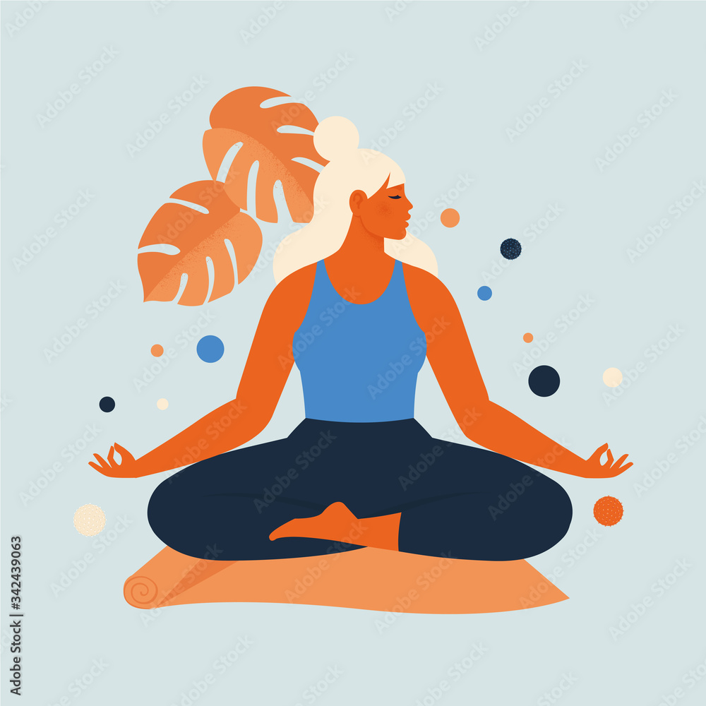 Wall mural woman meditating in nature and leaves. concept illustration for yoga, meditation, relax, recreation,