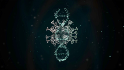 3D image of virus attacks dna rotating over black bckground.