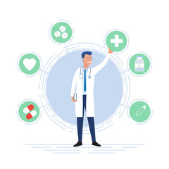 Telemedicine concept with smiling doctor surrounded by healthcare icons for blood, heart or cardiology, medication and pills, a cross, and laboratory testing, vector illustration