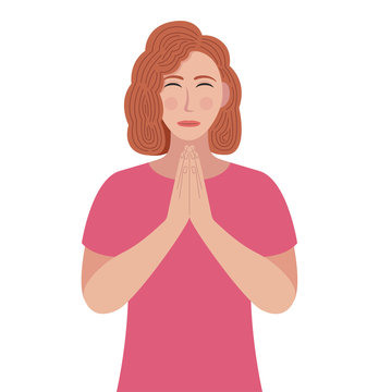 Woman in closed eyes praying hands together. Young girl holding palms in prayer. Vector illustration in cartoon style.