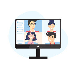 Video conference concept. Friends or сolleagues are having video call using the computer. Device with video call application on screen. vector cartoon illustration for web sites and banners design