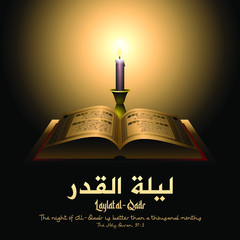 Laylat al-Qadr Night of Measures or Destiny square image. Candle and open Quran, surahs At-Tin 95, Al-Alaq 96, Al-Qadr 97, Al-Bayyinah 98. Night of Power or Decree