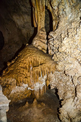 Calcite inlets, stalactites and stalagmites in large underground halls in Carlsbad Caverns National Park, New Mexico. USA