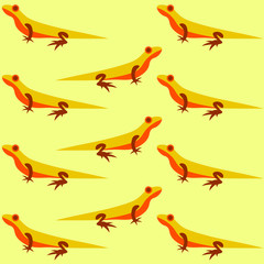 Yellow background with orange lizards, textile pattern for decoration.