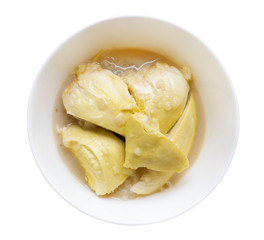 Top view sweet durian with sticky rice and coconut milk, Thai style dessert isolated on white background, clipping path included