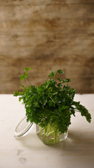 Vertical close up of an open glass jar full of water with a spring of green parsley in kitchen on light wooden background, mediterranean cuisine