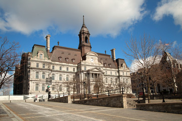 Montreal city hall with a blue cloudy sky