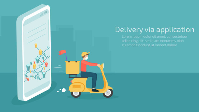 Man driving motorcycle delivery , point in map on application smartphone. vector illustration about transportation modern concept.
