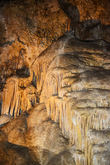 Calcite inlets, stalactites and stalagmites in large underground halls in Carlsbad Caverns National Park, New Mexico. USA