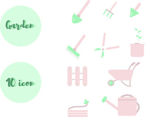 Garden tools and gardening equipment with plants, agriculture and farming. Vector shovel, rake and spade, flower pot, trowel, pitchfork and bucket, water sprayer, tree and seedling box, weeds and hoe