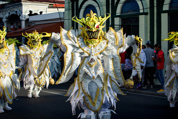 group of people in brilliant costume walks by city street at dominican carnival