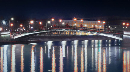 Fototapeta na wymiar Oil painting Tretyakov bridge of love in Moscow at night