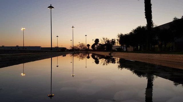 Reflections in the water at dusk. Olive Tree Garden at CCB - Belem Cultural Center