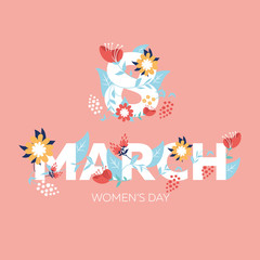 Poster for the International Women's Day with the decor of flowers. Vector illustration of March 8 from leaves and flowers.